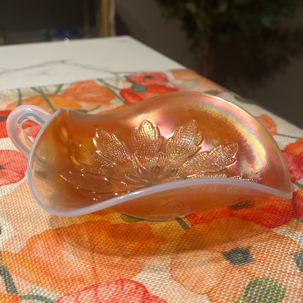 Dugan Leaf Rays Marigold Carnival Glass Spade Nappy Handled Candy Dish Vintage